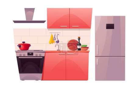 Ensemble de dessins animés de meubles de cuisine, appareils ménagers et plats isolés sur blanc. Illustration vectorielle de réfrigérateur, cuisinière à gaz, placards et ustensiles de cuisine.