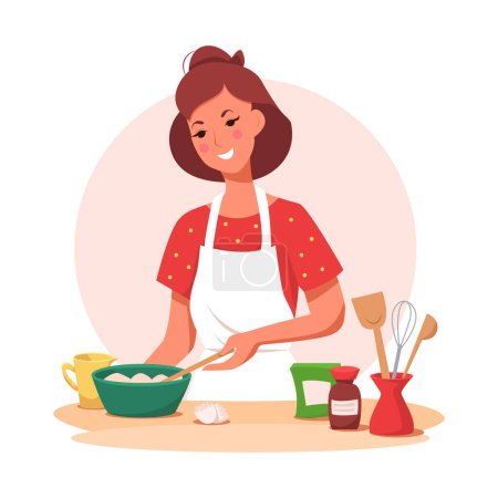 Ilustración de La joven está cocinando en la cocina. Comida saludable. Linda ilustración vectorial en estilo de dibujos animados. - Imagen libre de derechos