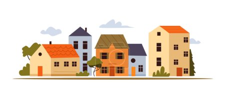 Niedliche Häuser. City Street mit Home Exterieurs isoliert auf weißem Hintergrund. Stadtpanorama im skandinavischen Stil. Vektorflache Illustration.