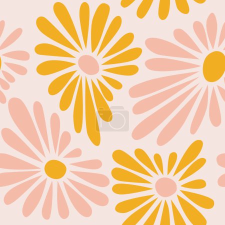 Illustration for Floral Background Design. 1970 Style Seamless Pattern with Daisy Flowers. Seventies Style. Vector Illustraton. - Royalty Free Image