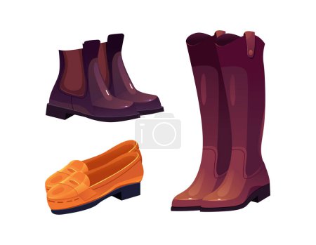 Illustration for Set of Autumn Shoes. Chelsea Shoes, Loafers and Knee High Boots Readings. Women Footwear. Vector Illustration in Cartoon Style. - Royalty Free Image