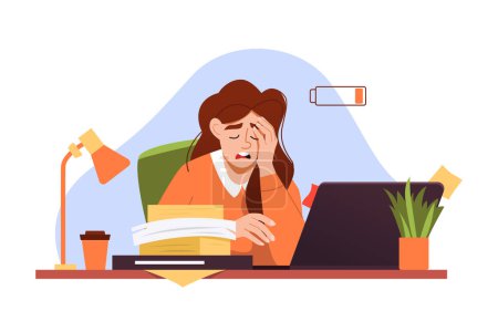 Tired woman sitting at workplace. Exhausted fatigue office worker sitting at computer desk. Burnout. Overworked Female at office. Flat vector illustration.