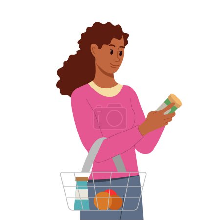 Téléchargez les illustrations : African American Woman lit les étiquettes des produits alimentaires au supermarché. Femme Client Vérification du contenu sur l'emballage avant d'acheter. Mindfulness Shoppin. Illustration plate vectorielle. - en licence libre de droit