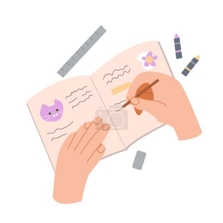 Illustration for Hand Writing Note. Designing Pages. Creative Girls Diary. Flat Vector Illustration. - Royalty Free Image