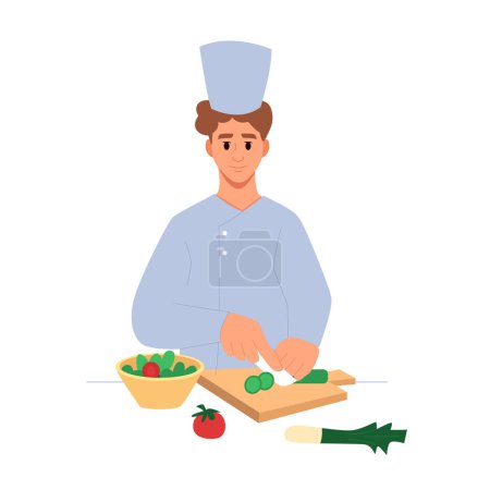 Ilustración de Chef Cook en el trabajo. Man Cooks Vegetarian Dish. Cocina profesional de trabajadores culinarios. Ilustración de vectores planos. - Imagen libre de derechos