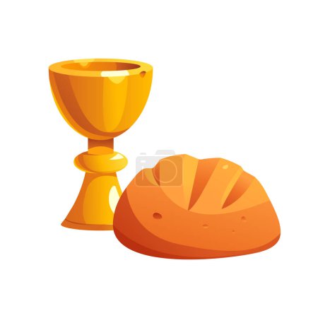 Communion with Bread and Wine Isolated on White Background. Symbol of the Worsening of the Sufferings of Jesus Christ. Vector Illustration in Cartoon Style.