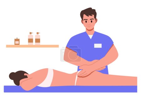Massagetherapeutin gibt einer jungen Frau eine Anti-Cellulite-Massage Körperpflege-Schönheitskonzept, spezielle Behandlung gegen Cellulite. Flache Vektor-Illustration.