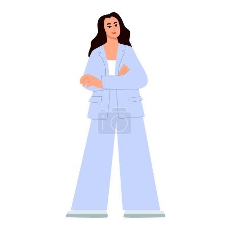 Mujer en ropa de moda moderna en estilo casual de moda. Chica moderna en pantalones, chaqueta y zapatos. Traje de moda. Ilustración de vectores planos aislada sobre fondo blanco.