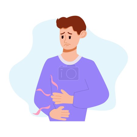 Illustration for Man with a Stomach Ache. Stomach Pain, Symptoms of Ulcers or GERD. Flat Vector Illustration Isolated on White Background. - Royalty Free Image
