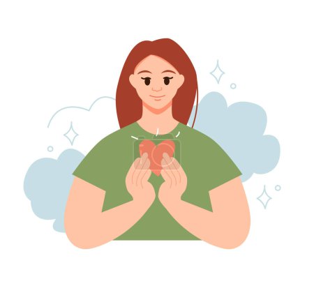 Woman Take Care of Mentality. Open Heart. Peaceful and Loving Concept. Flat Vector Illustration.
