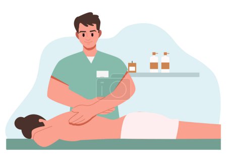 Illustration for Massage Therapist Gives a Massage. Body Spa Treatments, Leisure and Relaxation. Health and Medicine Concept. Flat Vector Illustration. - Royalty Free Image