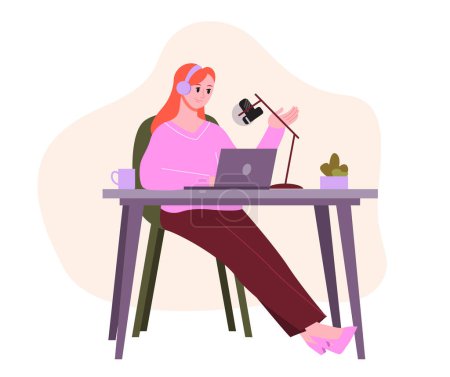 Escena de podcasting. Podcast femenino que habla con el podcast de grabación de micrófono. Young Woman Sitting in Comfy Chairs and Recording a New Episode. Ilustración vectorial en estilo plano.
