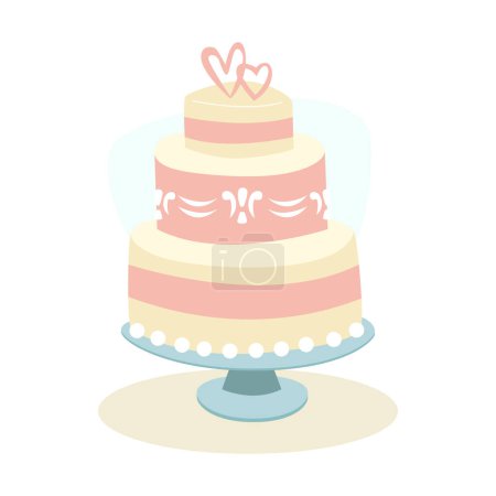 Elegante pastel de boda decorado con adornos y corazones. Pastel de capas festivo con glaseado rosa. Ilustración vectorial en estilo plano.