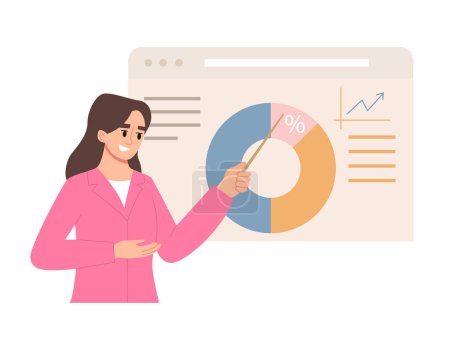 Woman Shows Presentation. Digital Project, Website, Statistics, Graphs and Diagrams.Businesswoman with Presentation. Cartoon Flat Vector Illustration.