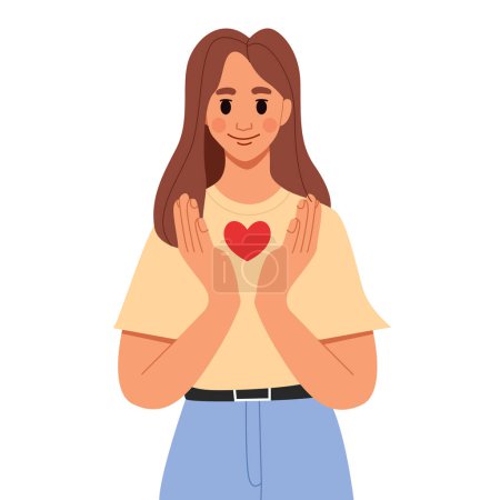 Open Heart Konzept. Fröhliche junge Frau behält Herz, drückt Herzlichkeit, Freundlichkeit und Dankbarkeit für Hilfe und Unterstützung aus. Vektorillustration im flachen Stil.