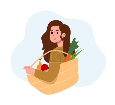 Gesunde Ernährung und Lebensstil-Konzept. Käuferin hält Einkaufstasche mit Obst und Gemüse. Vektorillustration im flachen Stil.