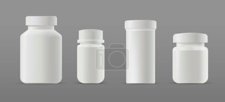 3d White Plastic Pill Flasche für Vitamin Supplement. Vektor-Pille-Glas, Pharmakapsel-Verpackungs-Attrappe, medizinische Tablettenvorlage. Realistischer Sport-Eiweißkanister.