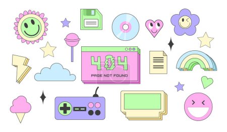 Classic 90s retro elements set. Hand drawn vector illustration: user interface element, Joystick, diskette, CD, cartridge, heart, ice cream, lollipop, sticker. Vector Illustration nostalgia for 1990s.