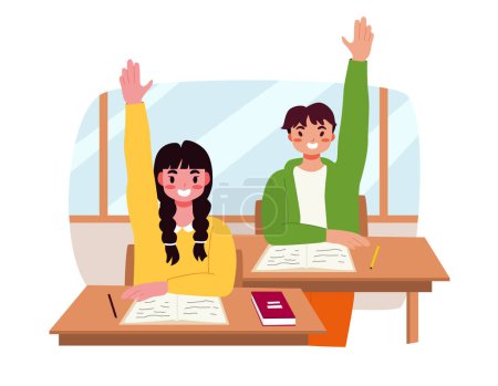 Kinderschule. Schuljunge und Schulmädchen strecken Hand in Hand im Unterricht, um eine Frage zu beantworten. Schüler im Klassenzimmer. Zurück zur Schule Vektor Illustration.