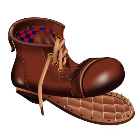 Illustration for An old leather boot with the sole torn off and the nails sticking out. Realistic vector illustration - Royalty Free Image