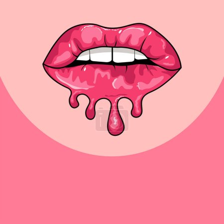 labios de una chica con manchas de lápiz labial. Cosméticos goteando. Ilustración vectorial.
