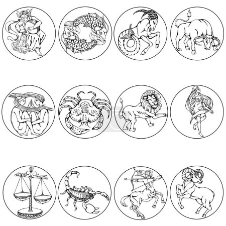 Signos del zodíaco listos. Ilustraciones lineales de animales y símbolos. La naturaleza y esencia de una persona por fecha de nacimiento y la influencia de los planetas. Vector