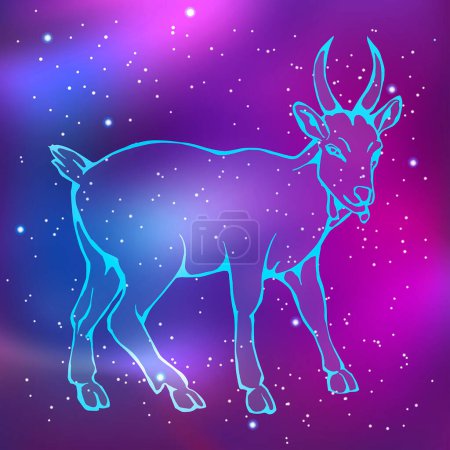 Ilustración de Horóscopo oriental. Silueta de neón de una cabra sobre el fondo del cielo estrellado. Animales del zodíaco. Ilustración vectorial - Imagen libre de derechos