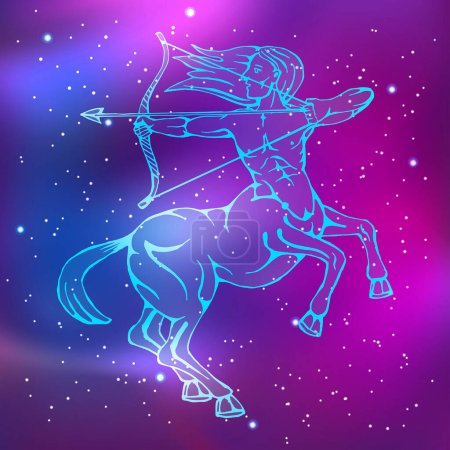 Ilustración de Constelación de Sagitario. Centauro con arco. Animales mitológicos del zodíaco. Patrón minimalista con líneas brillantes. Ilustración vectorial - Imagen libre de derechos