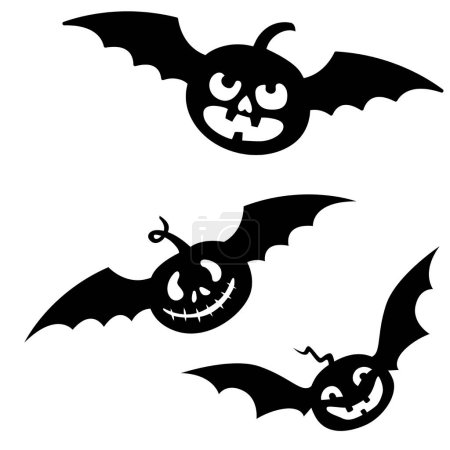 Téléchargez les illustrations : Silhouettes de citrouilles volantes avec des ailes. Eléments de design pour les fêtes d'Halloween. Illustration vectorielle - en licence libre de droit