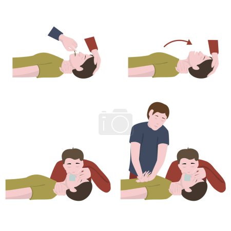 Illustration for The man is unconscious. First aid. Artificial respiration mouth to mouth. Heart massage. Medical poster. Vector flat illustration - Royalty Free Image
