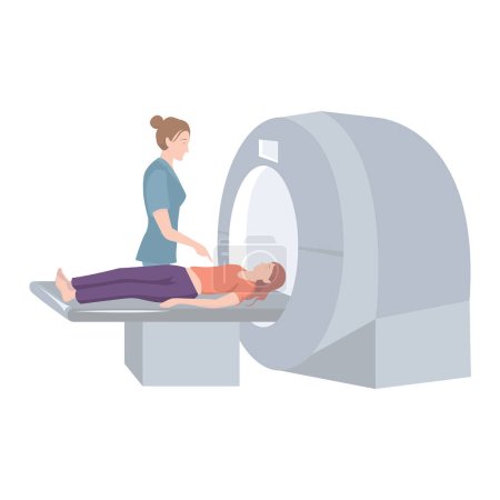 Illustration for MRI examination. Patient and doctor. Medical poster. Vector flat illustration - Royalty Free Image