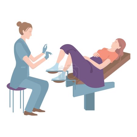 Ilustración de Oficina de un ginecólogo. Una chica está siendo examinada por un médico. El paciente está sentado en una silla. Ilustración vectorial plana - Imagen libre de derechos