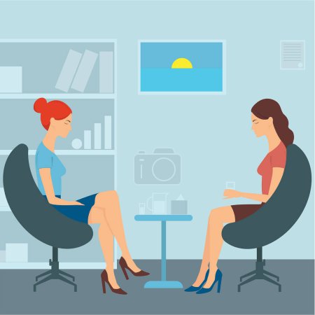 Illustration for Printpsychologist's office, psychological help. The patient and doctor sit in chairs. Vector flat illustration - Royalty Free Image