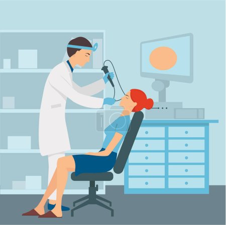 Ilustración de An otolaryngologist examines a woman's nose. Doctor's office with medical equipment. Vector illustration - Imagen libre de derechos