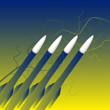 Téléchargez les illustrations : Un canon anti-aérien avec des missiles sur fond dégradé aux couleurs du drapeau ukrainien. Illustration vectorielle - en licence libre de droit