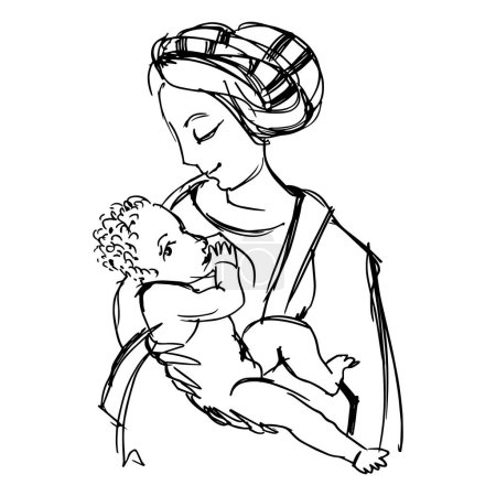 Illustration for Sketch from the Madonna Litta. Motherhood, woman with baby. Line drawing, line art. Vector illustration - Royalty Free Image