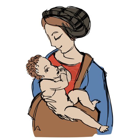 Illustration for Sketch from the Madonna Litta. Motherhood, woman with baby. Line drawing, line art. Vector illustration - Royalty Free Image