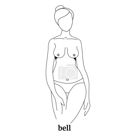 Téléchargez les illustrations : Types de seins féminins, en forme de cloche. Une femme nue est silhouettée avec des lignes noires. Illustration vectorielle isolée - en licence libre de droit
