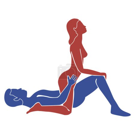 Sex position, Kama Sutra. Outlines of a man and a woman. Woman on top, cowgirl. Vector flat illustration