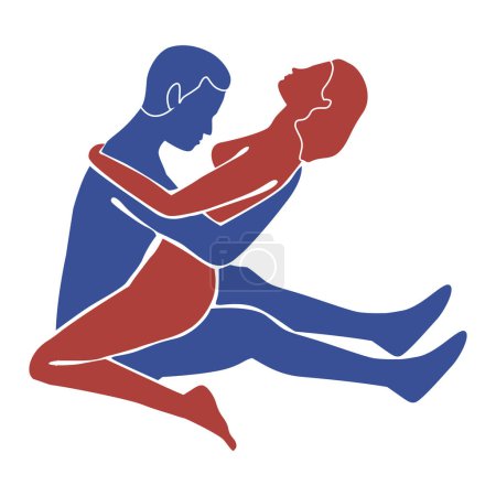 Kamasutra-Pose. Silhouetten eines Mannes und einer Frau. Frau an der Spitze. Vektorflache Illustration