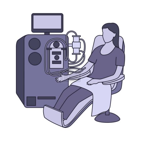 Procedimiento de hemodiálisis. Una mujer en una silla conectada a una máquina de purificación de sangre artificial. Vector, ilustración monocromática. Cartel médico