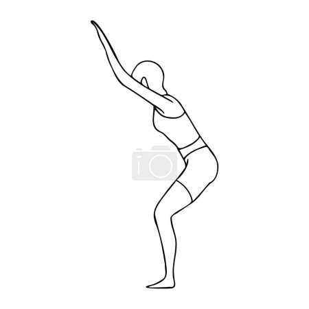 Yoga assana, utkatasana. Standing position. Outline of a girl using a simple line. Vector illustration