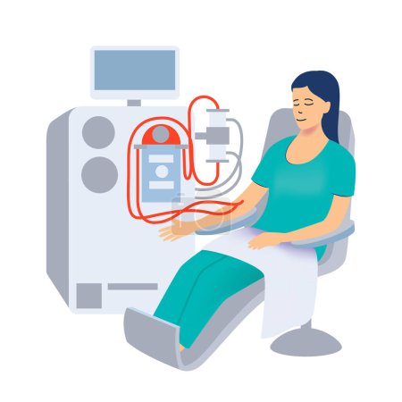 Bright stylish illustration with a hemodialysis unit and a patient in a chair. A girl in turquoise medical pajamas. The procedure for artificial blood purification. Vector medical illustration