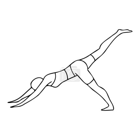Eka Pada Adho Mukha Svanasana. Postura de yoga. Dibujo en línea negra, silueta. Ilustración vectorial