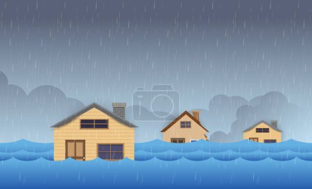 Flood natural disaster with house, heavy rain and storm , damage with home, clouds and rain, flooding water in city.