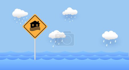 Überschwemmungsgebietsschild, Naturkatastrophe mit Haus, Starkregen und Sturm, Schäden mit Haus, Wolken und Regen, Hochwasser in der Stadt, Überschwemmtes Haus.