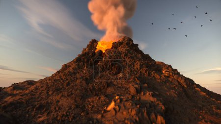 Rauchexplosion von der Spitze des großen Berges und Vogel fliegen in den Himmel Hintergrund mit 3D-visuellen Effekt-Rendering.