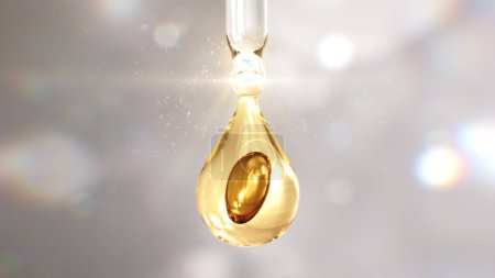 Gold-Kollagen-Pille in der Luxus-Tropfen am Ende der Tropfer mit Partikelglühen Hintergrund. 3D-Rendering Schönheit und kosmetische konzeptionelle.