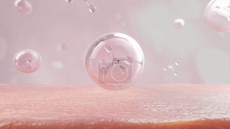 Foto de Molécula 3D dentro de la burbuja flotando en la piel rosada.Fondo de elemento para cosméticos de belleza y laboratorio de ciencia conceptual. - Imagen libre de derechos