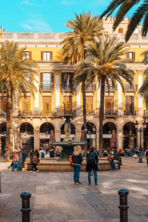 Photo for Barcelona, Spain-December 7, 2022. plaza Real, plaa Reial. It is a rectangular square in Barcelona, Gothic Quarter and adjoins the Rambla, designed by the architect Francisco Daniel Molina, 1850 - Royalty Free Image